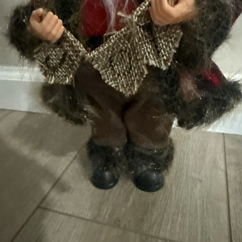 16‎ inch Tall Standing Santa Claus Holding JOY sign Red Plaid Coat Fur Accents